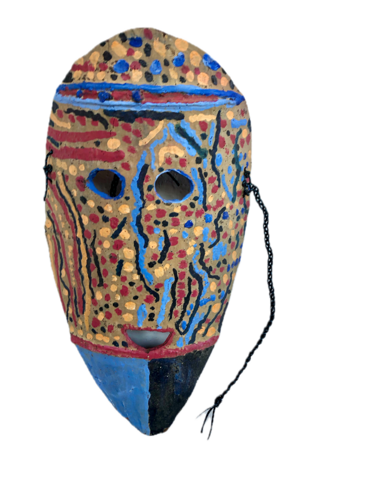 oval wooden mask painted with red and blue and covered with copper nails